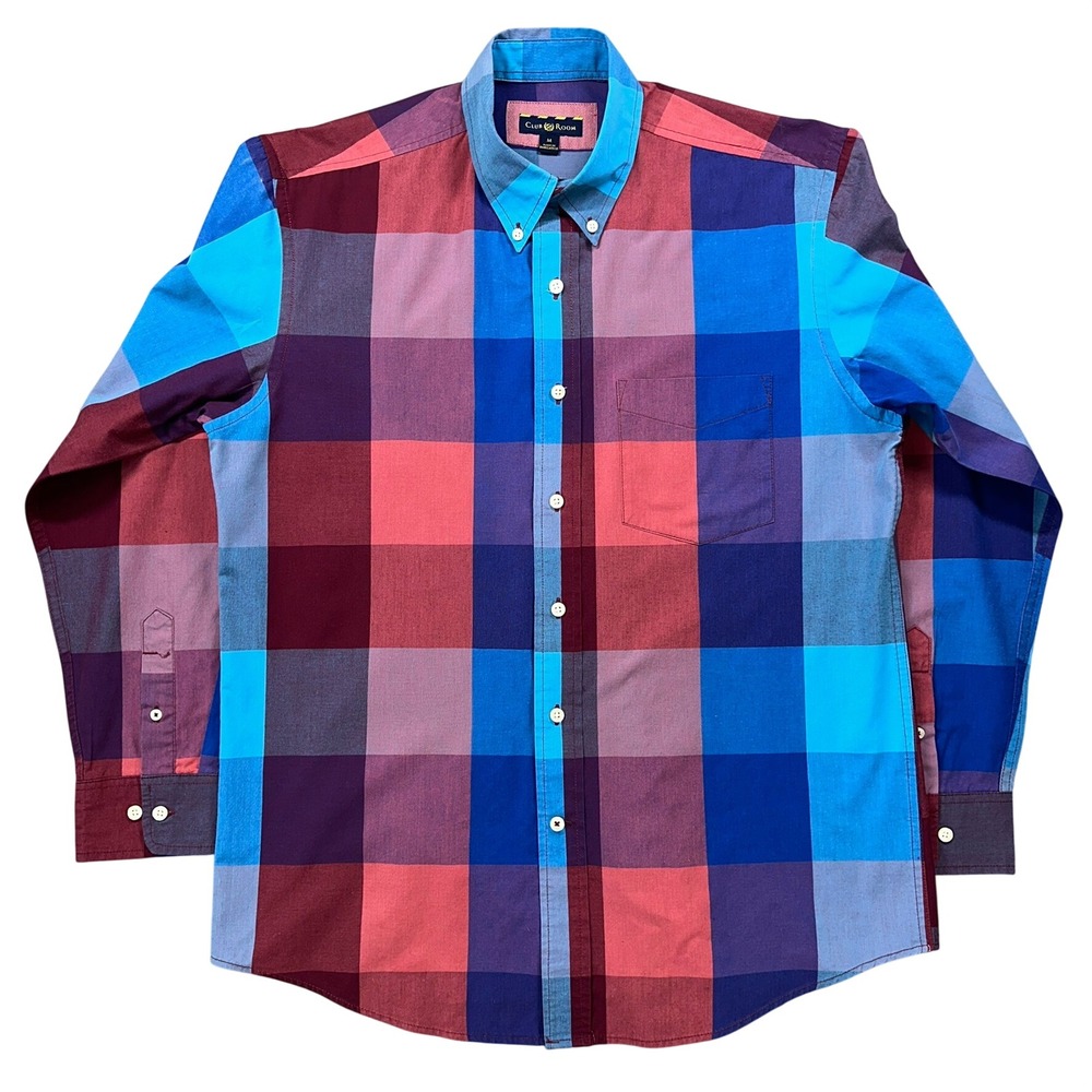 Club Room Button Front Shirt Mens M Blue Purple Plaid Buffalo Check Long Sleeve